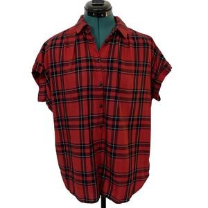 Madewell Red Black Plaid Central Dahl Button Up short sleeve shirt‎ Sz Small